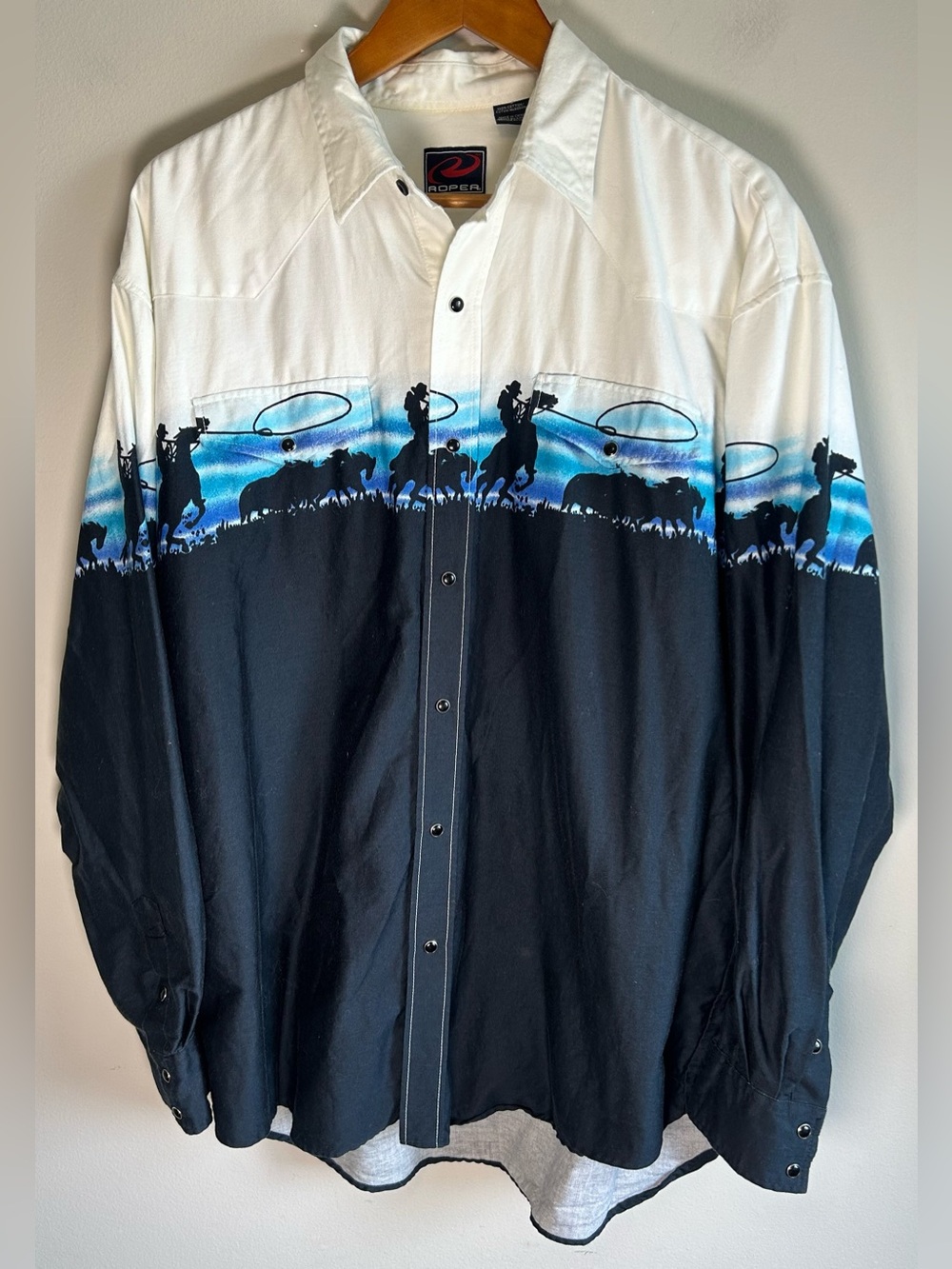 Vintage Roper Pearl Snap Western Shirt Mens L Horses Sunset Cowboy Cattle USA